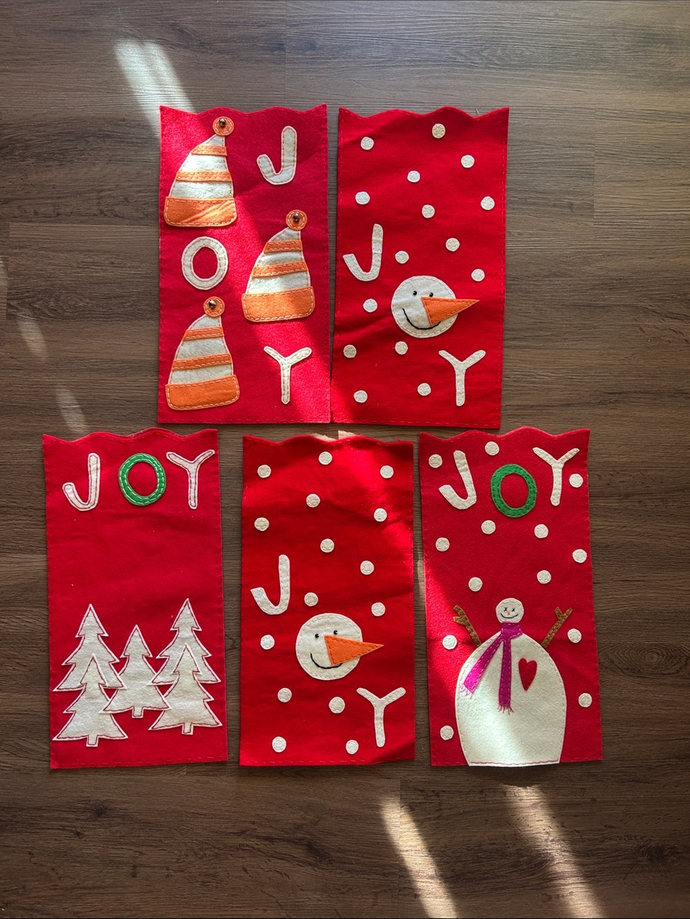 Vintage handmade felt Christmas gift bags or wall hangings set of 5
